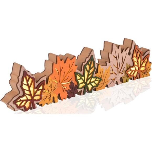 Lighted Fall Maple Leaves Sign Table Centerpieces Thanksgiving Wooden Block Sign - Picture 1 of 7